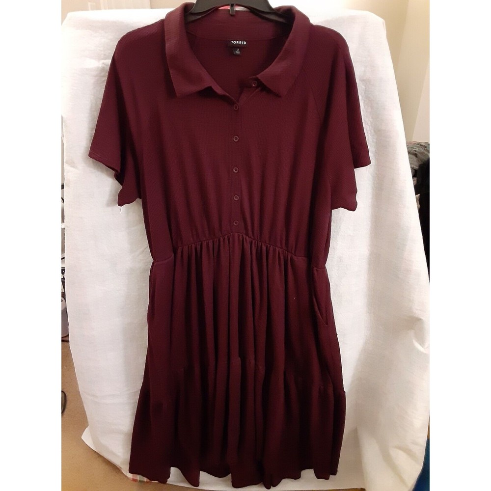 Torrid Womens Plus Size 2 Red Burgundy Midi Dress Collared Short Sleeve Pockets!